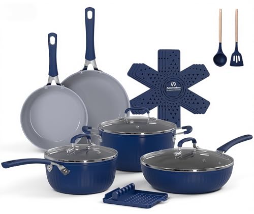 Image of Ammeloo 15-Piece Ribbed Ceramic Cookware Set, Pots and Pans Set Non Stick, Induction Ready, Healthy Non Toxic Kitchen Cooking Set PFAS/PFOA/PTFE-Free, Silicone-wrapped Stay-Cool Handle