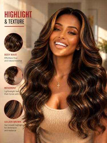 Image of Beauty Forever Bye Bye Slip Glueless Human Hair Wig for Black Women-Body Wave HD Lace Wig with Golden Brown Highlights,Pre Cut & Pre Plucked,Invisi Drawstring Secure Fit,7x5 Lace,150% Density 18inch