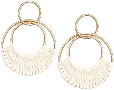 Raffia Hoop Earrings for Women Fun Boho Summer Beach Earrings Lightweight Handmade Straw Wicker Rattan Dangle Earrings Statement Geometric Round Drop Earrings