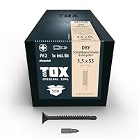 TOX Schnellbauschrauben DRY BS 3,5 x 55 mm, Schrauben schwarz phosphatiert mit Feingewinde + Bohrspitze, Gipskartonplatte auf Metall-Unterkonstruktion, PH2, 500 Stück, inkl. 1x Bit, 142553213555