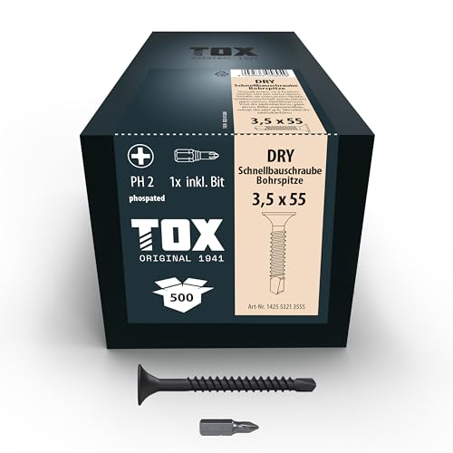 TOX Schnellbauschrauben DRY BS 3,5 x 55 mm, Schrauben schwarz phosphatiert mit Feingewinde + Bohrspitze, Gipskartonplatte auf Metall-Unterkonstruktion, PH2, 500 Stück, inkl. 1x Bit, 142553213555