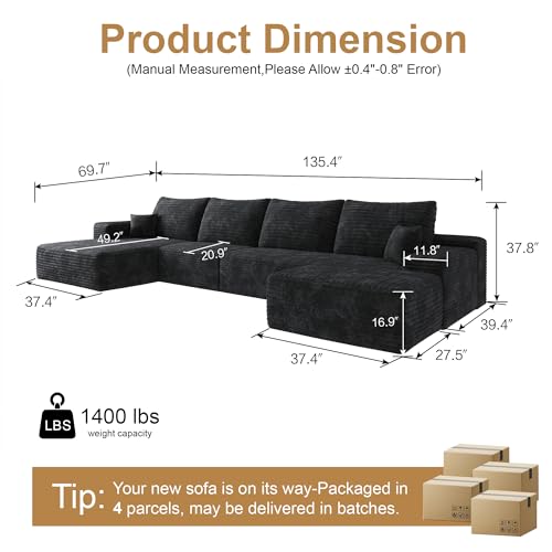 Image of 96 inch Sectional Couches for Living Room Cloud Couch Sofa with L-Shape Upholstered Boneless Couchs Modern Modular Sectional Couch with Chaise