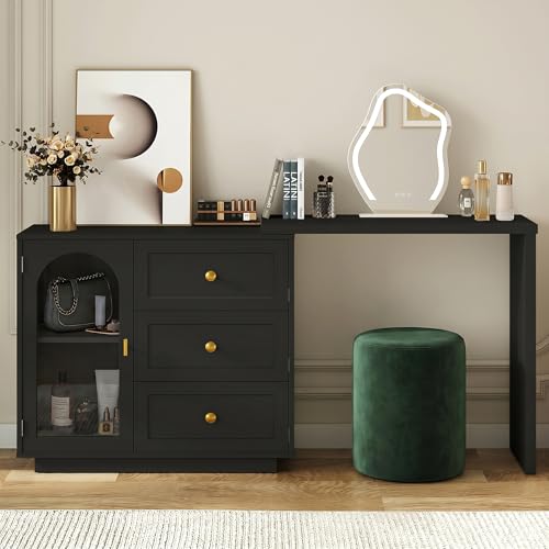 RoyalCraft 59" Makeup Vanity Desk, Black Vanity Dresser, L Shaped Corner Vanity Table with 3 Drawer & 1 Door, Modern Extendable Dressing Table for Bedroom, Dressing Room, Small Space (Without Mirror)