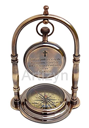 God Is My Guide Psalm 32:8 Engraved Brass Ship Desk Clock Nautical Camping Compass Religious Gift For Men, Christian Gift, Catholic Gift, Baptism Gift, Graduation Day Gift, Easter Gift, Wedding Gift #TOP1