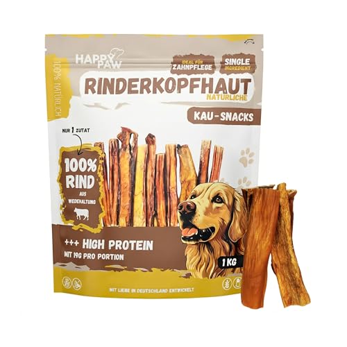 HappyPaw 1 Kg Rinderkopfhaut (15 cm) 100% natürliche Kausnacks für Hunde Zahnpflege & Kauspaß schonend getrocknet proteinreich & fettarm Kauartikel ohne Zusätze & ohne Chemie