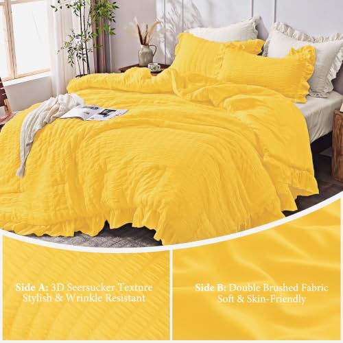 Image of JOLLYVOGUE Pumpkin Yellow Queen Comforter Set,3pcs Seersucker Bed Set | OEKO-TEX Certified, All Season, Down Alternative Fill, Lightweight Bedding Set with Ruffle Comforter & Pillowshams, Easy Care