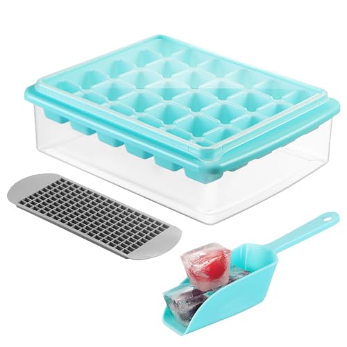 CherHome Ice Cube Tray，30-Cube Ice Cube Tray with 160-Cube Mini Ice Tray Set for Freezer，Ice Cube Trays with Lid，Bin&Scoop，Ice Cube Mold for Chilling Coffee，Cocktail，Juice(Blue)