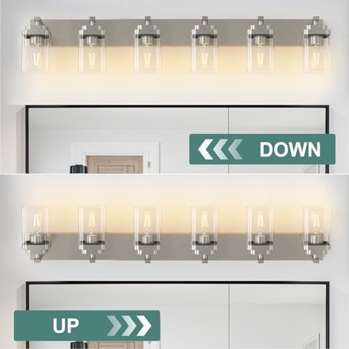 Image of Brushed Nickel Bathroom Light Fixtures, 6 Lights Bathroom Lighting Fixtures Over Mirror, Square Design & Rectangle Large Backplate, Modern Vanity Lighting Fixtures, for Living Room /Bedroom