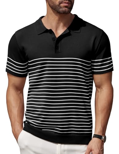 COOFANDY Polo de Manga Corta para Hombre de Punto a Rayas con Botones Polo Camisas de Golf
