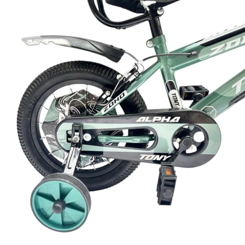 Image of TONY RAW Kids Bicycle14T inch Sports Cycle for 3 to 5 Years Baby Boys & Girls with Side Training Wheels & Back Rest Seat /Water Bottle SEMI-Assembled (Green)