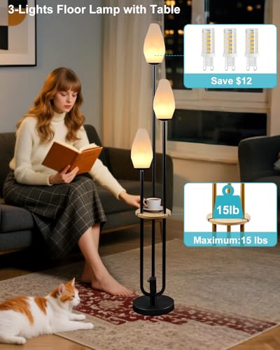 Image of Black Floor Lamp with Tray, 3-Lights Dimmable Floor Lamps with Rock-Shaped Shade, Unique Candle Holder Style Modern Tall Standing Lamp for Living Room /Party(Bulbs Included)
