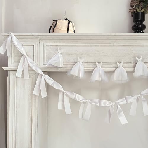 Image of Pre-Assembled White Bow Garland - 6ft Elegant Church Wedding Decor, Baby Shower Banner & Bridal Shower Backdrop, Thick Satin No DIY Needed! Baby Room Bed Decor (White, 6ft)