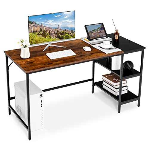 CASART Computer Desk, Wooden Work Table Study Writing Desk with Removable Shelves & Adjustable Footpads, Metal Frame Home Office Desks PC Laptop Table (Rustic Brown, 140 x 60 x 74cm)