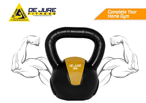 Image of De Jure Fitness PVC Kettlebell 3kg for Men & Women Strength & Cardio Training, Soft Grip, Crushed Concrete Filled, Full Body Workout Equipment for Home & Gym, Yellow Black