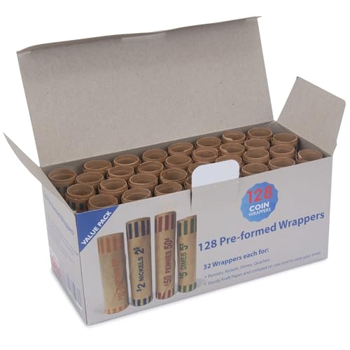 Image of L LIKED 3072 Pcs Preformed Coin Roll Wrappers - Quarters, Pennies, Nickels and Dimes (Pack 24x128)