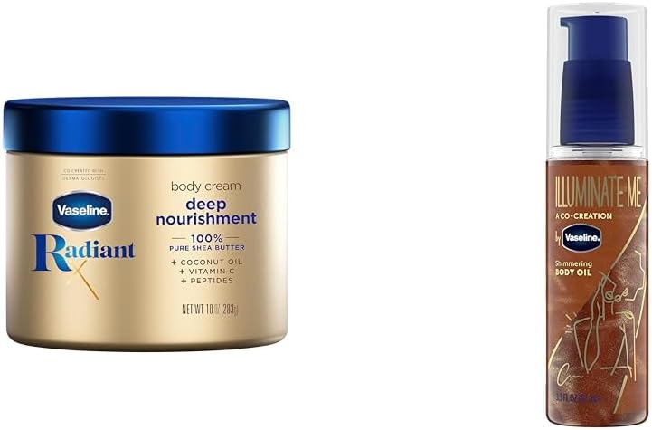 Radiant X Deep Nourishment Body Cream 100% Pure Shea Butter, Coconut Oil, Vitamin C, & Peptides 10 oz & Illuminate Me Shimmering Body Oil Created for Melanin Rich Skin, Illuminates Skin
