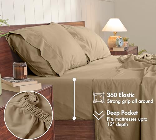 Image of RUVANTI 100% Cotton Percale Sheets California King - Crisp Cooling Summer Bed Sheets for Hot Sleepers, Deep Pocket 12 inch, Soft Peach Finish, Breathable & Durable Hotel-Style 4 Piece Set, Olive Taupe
