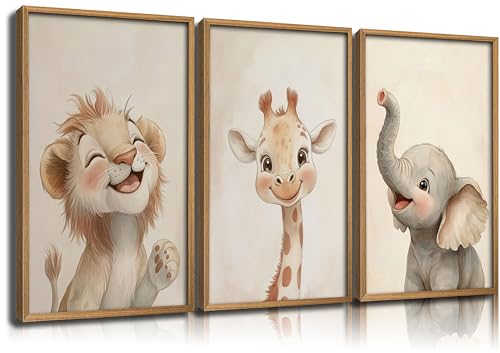 Safari Animals Nursery Wall Art Woodland Animals Nursery Wall Decor Cute Giraffe Elephant Lion Picture Painting Tropical Savanna Poster Print Artwork for Baby Room Boy Room Kids Room Decoration