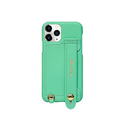 iPhone11 Pro ケース Handy ハードケース PUレザー 落下防止 耐衝撃 スタンド機能 ハンディベルト ハンドメイド ストラップホール ストラップリング カードポケット ミントグリーン 薄荷色 春緑色 H6-11Pro-MintGreen