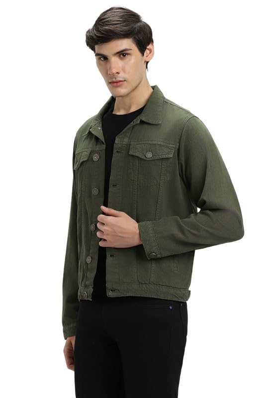 Image of DENNIS LINGO Men's Olive Washed Cotton Denim Jacket, Regular Fit Long Sleeves Regular Collar