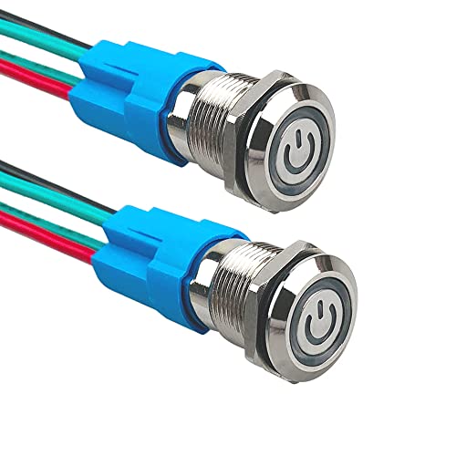 Aiqeer 2 Pièces 12 mm Commutateur Bouton-Poussoir Auto-Bloquant, 12V / 24V 3A Interrupteur à Bouton-Poussoir en Acier Inoxydable Étanche IP66, avec Prise...