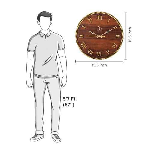 Image of Wooden Round Shape Roman Dial Wall Clock with Gold Zari Rope Detailing and Golden Hands | Silent Quartz Movement Anti Reflection Analog Vintage Clock for Home & Office (Brown, 15.5 Inch)