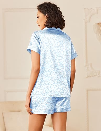 Image of Ekouaer Silk Pajamas for Women Button Down Sleepwear 2 Piece Pjs Shorts Set | Classic Short Sleeve Notch Neck Lounge Set with Pockets,Soft Cute Pj Set,Bridal Gifts,Pajama Party,Maternity Outfits