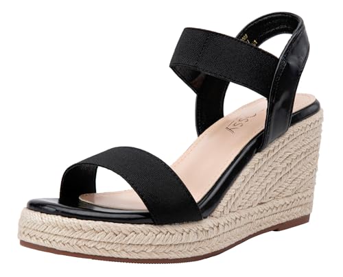 Jeossy Women's Wedge Platform Black Sandals, Espadrille Comfort Elastic Ankle Strap 8801 Sandals