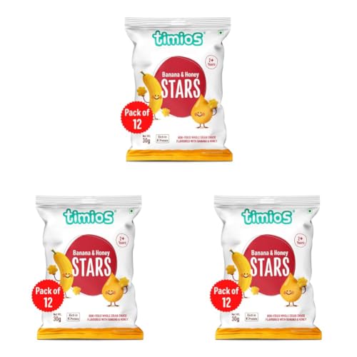 Image of Timios 100% Natural Non-Fried Banana & Honey Star-Shaped Munchies - Pack of 36 (30g Each) - Healthy Snack for Kids Aged 2+
