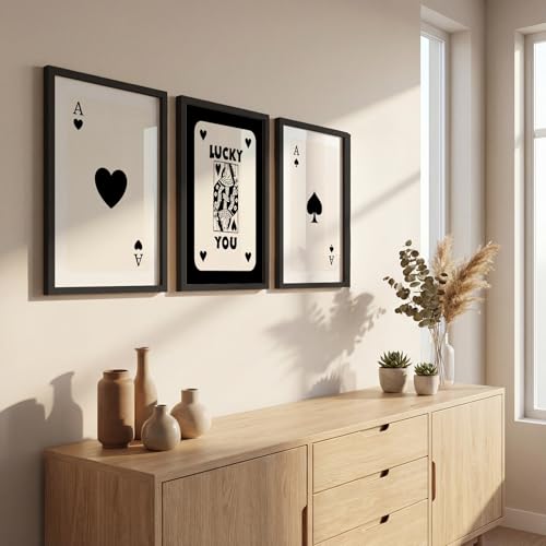 Image of NoWorries Playing Cards Wall Framed Painting Set | Lucky Card Art & Heart Ace Posters Frames | Premium 300 GSM Paper Print with Synthetic Wooden Frame | Minimal Black & White Aesthetic Wall Decor for Living Room & Bedroom (Pattern-illustration) (Set of 3) (BLACK, ART-5, 13X19INCHES)