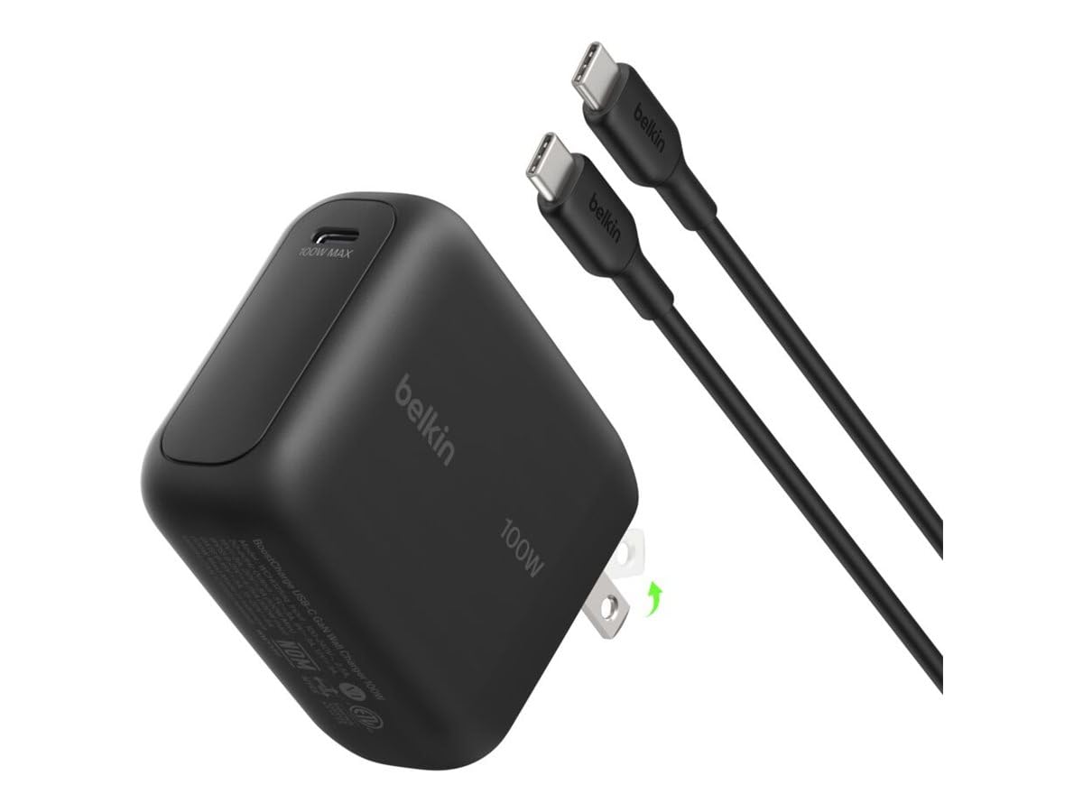 Belkin BoostCharge Chargeur Secteur GaN USB-C 100 W, Chargeur Compact Et Pliable, Recharge Rapide, pour iPhone 17, Samsung Galaxy S26, Pixel 10, Tablette, MacBook, Câble USB-C 1,5 m Fourni - Noir