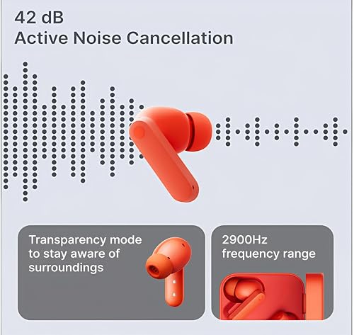 Image of Wireless Earbuds with 42dB ANC | Orange, Bluetooth 5.4 | 35.5H Battery Life | IP54 Water Resistant | 4 HD Mics | ChatGPT Integration | Fast Charging | 12.4mm Bio-Fibre Driver | (NOTH Square) (Orange)