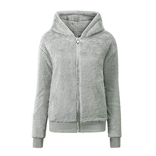 SEVEGO Womens Faux Fur Coat Fuzzy Bomber Jacket with Pockets Hooded Zip Up Shaggy Outwear for Winter, Silver Grey, M