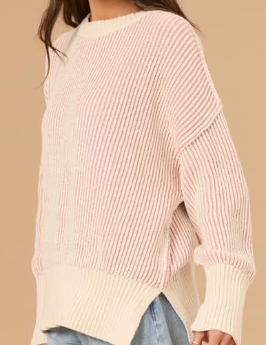 Image of Zeagoo Women 2026 Fall Lightweight Oversized Sweater Crew Neck Long Sleeve Color Block Pullover Rib Knit Blouse Tops XS-2XL