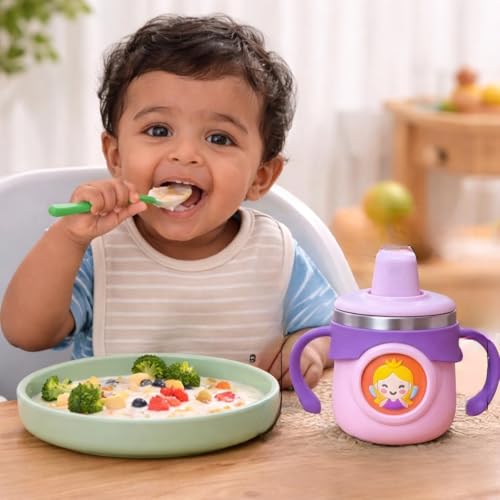 Image of THE LITTLE LOOKERS Stainless Steel Sipper Bottle 260ml | 316 Grade SS | BPA Free | Suitable for Hot & Cold | Travelling Bottle for Kids & Toddler | Training Sippy Cup with Straw /Spout(Purple)