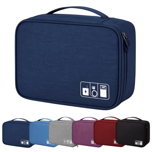 Estojo Organizador Necessárie Bolsa de Transporte Para Cabos, Fios, Acessórios Eletrônicos, Carregador USB C, Cartão SD, Disco Rígido, Mouse, Modelo Rígido, Portátil Multifuncional (Azul Marinho)