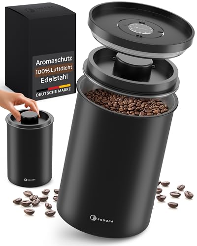 JODORA Kaffeedose Luftdicht 1KG Bohnen aus hochwertigen Edelstahl mit innovativem Vakuumverschluss - Kaffeebohnen Behälter mit Licht & Aromaschutz für maximale Frische inkl. Datumsanzeige (1 KG)