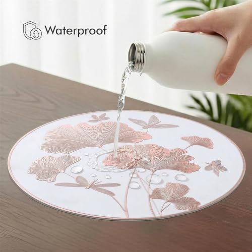 Image of Yellow Weaves 2 Pcs PVC Round Table Placemats, Dining Table Mat, Stain Resistant, Anti-Skid, Waterproof, Washable, Dining, Kitchen, Restaurant Table Set Easy to Clean, Durable (Leaf Rose Gold)