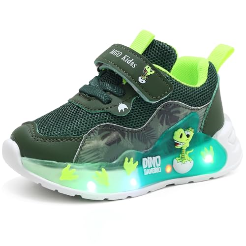 XSportmode Zapatillas de deporte con luz LED for niños, zapatos informales con gancho y bucle de dinosaurio de dibujos animados de cuero de malla transpirable(Verde,23 EU)