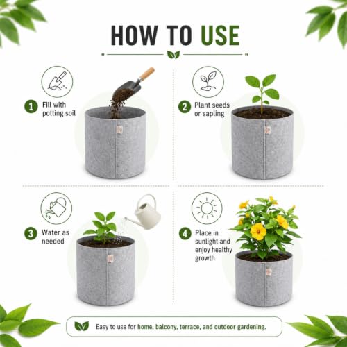 Image of Casa De Amor 400 GSM Geo Fabric Plant Grow Bag, Light Grey 10 x 10 Inch Pack of 5, Round Fabric Pots for Terrace, Balcony, Flowers & Vegetable Gardening