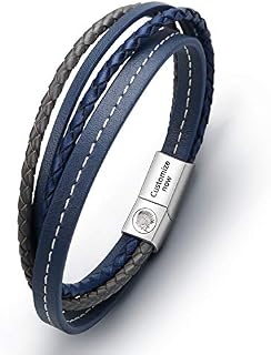 Mens Leather Bracelet  Classic Handmade Braided Black & Brown Cuff Bracelet with Engraved Magnetic Clasp Free Jewelry Gift Boxed