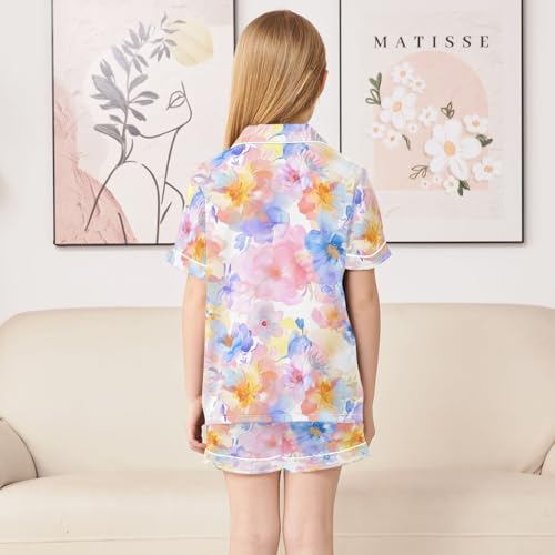 ALAZA Pastel Watercolor Flower Pajamas Satin Pajama Set Short Sleeve Button Down Sleepwear4