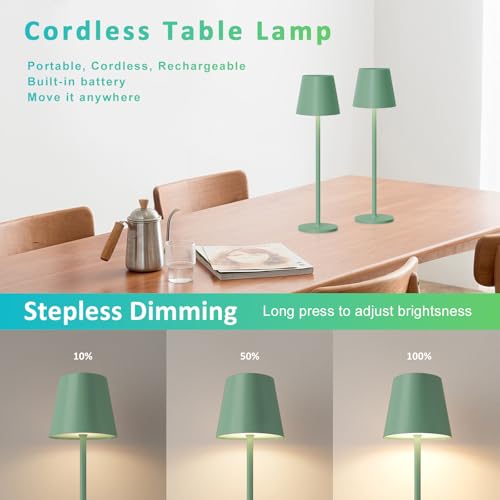Image of Kakanuo Green Cordless Table Lamps, Rechargeable Lamp, Battery Operated Lamps, Touch Control Table Lamps, 3 Color Temperature, Stepless Dimmable, LED Portable Wireless Battery Lamp, Set of 2