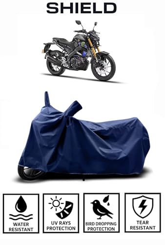 Image of Shield Heavy Duty Bike Cover for Yamaha Mt 15 | All-Season, Tear-Proof Fabric | with Side Mirror Pocket & Buckle Belt | Yamaha Mt 15 Bike Cover (Blue)