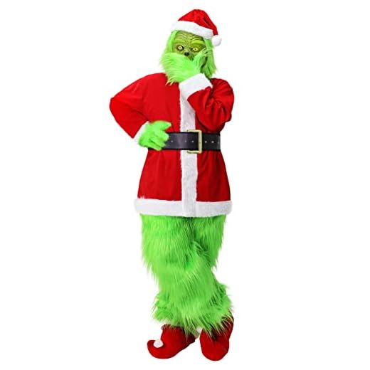 brableewear 7PCS Christmas Green Big Monster Costume Adult Cosplay Costume Luxury Santa Claus Santa Suits Outfits