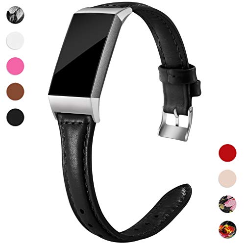 Hamile Slim Bands Compatible for Fitbit Charge 3, Genuine Leather Replacement Watch Band Wristband Strap Fitbit Charge 3 Charge 3 SE, Women, Small, Black