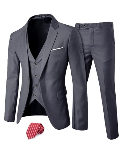 MY'S Men's 3 Piece Slim Fit Suit Set, One Button Solid Jacket Vest Pants with Tie Dark Grey