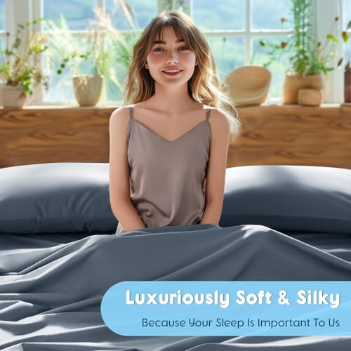 Image of SONORO KATE 1000 Series 100% Egyptian Cotton Queen Sheets,Extra Deep Pocket | 18-24 Inch Extra Deep Pocket,Soft & Breathable,5-Star Hotel Sateen Bed Sheets,All Season,4pc,French Blue