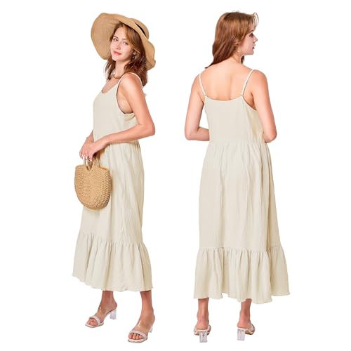 Image of Simple&Opulence Women Summer Casual Cotton Maxi Dress, Loose Sleeveless Spaghetti Strap Tiered Boho Flowy Sundress for Beach