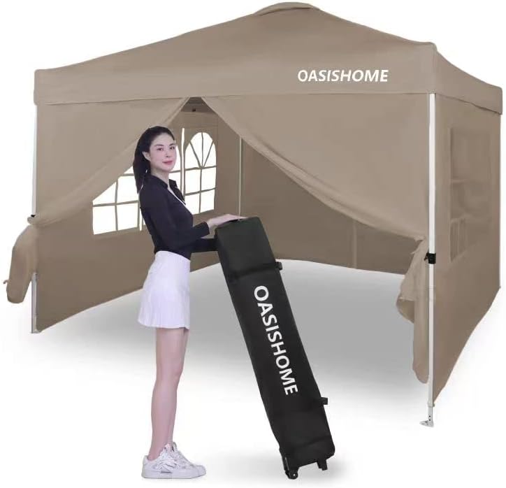 OASISHOME Pop-up Gazebo Instant Canopy Tent 10'x10', with 4 Sidewalls, Windows, Wheeled Bag, for Patio/Outdoor/Wedding Parties and Events (10FTx10FT, Khaki)